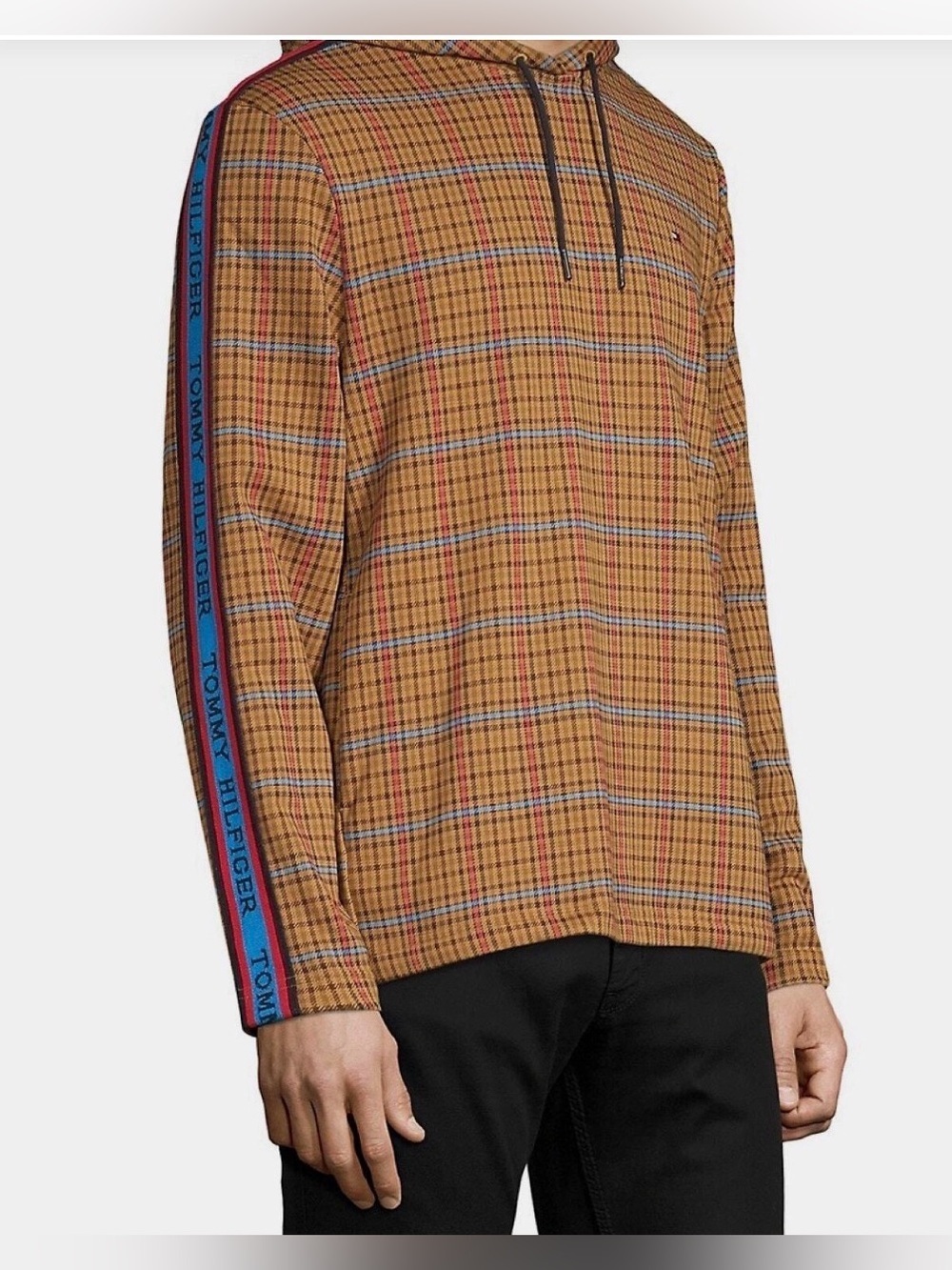 Tommy Hilfiger Tan Plaid Hoodie with Blue-Red Branded Sleeve Tape - Picture 1 of 8